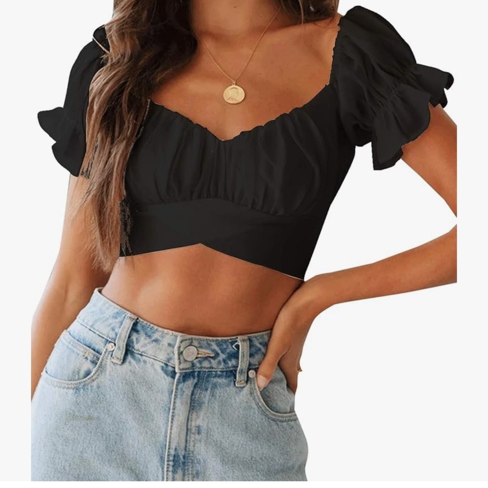 Women's Ruffle Short Sleeve Tie Up Back Crop Top